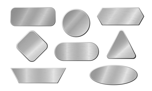 Set of brushed metal nameplates in various sizes with mounting screws